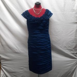 Adrianna Papell Blue tiered pleated sleeveless dress sheer flowers neckline 12